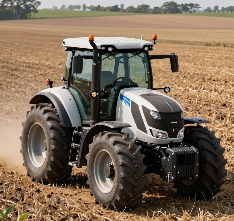 Professional photograph of a modern, high-tech tractor operating in a vast field. The focus is on the advanced machinery and the scale of the operation, representing the modern Brazilian agro-industry and precision.