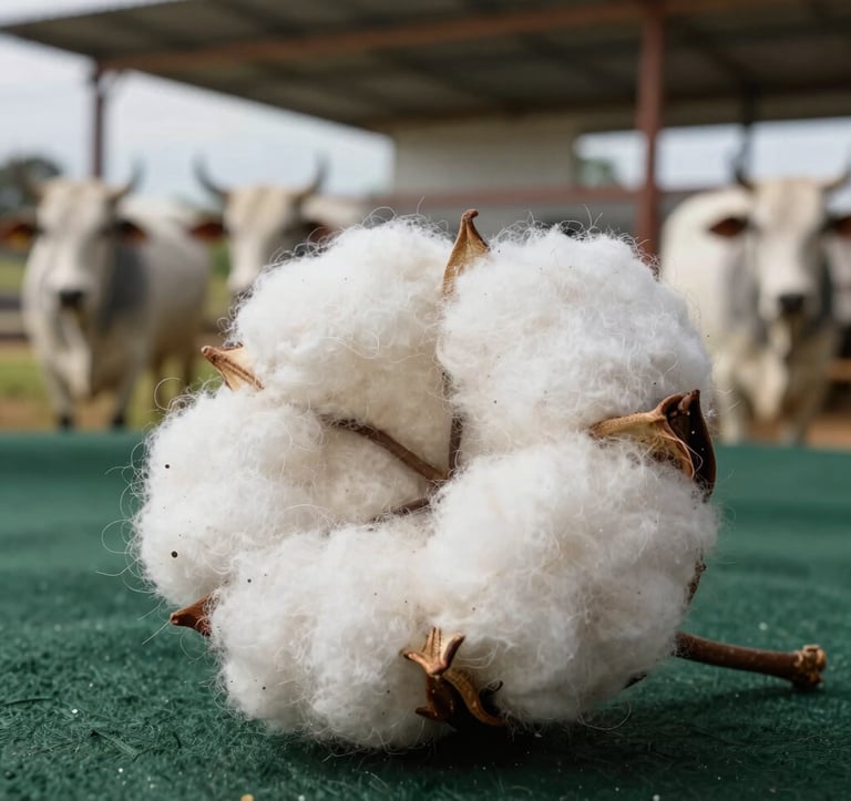 Sophisticated close-up of high-quality cotton fibers and a blurred background showing a modern South American ranch with premium cattle, clean lighting, professional corporate aesthetic, ivory and soft dark green colors.
