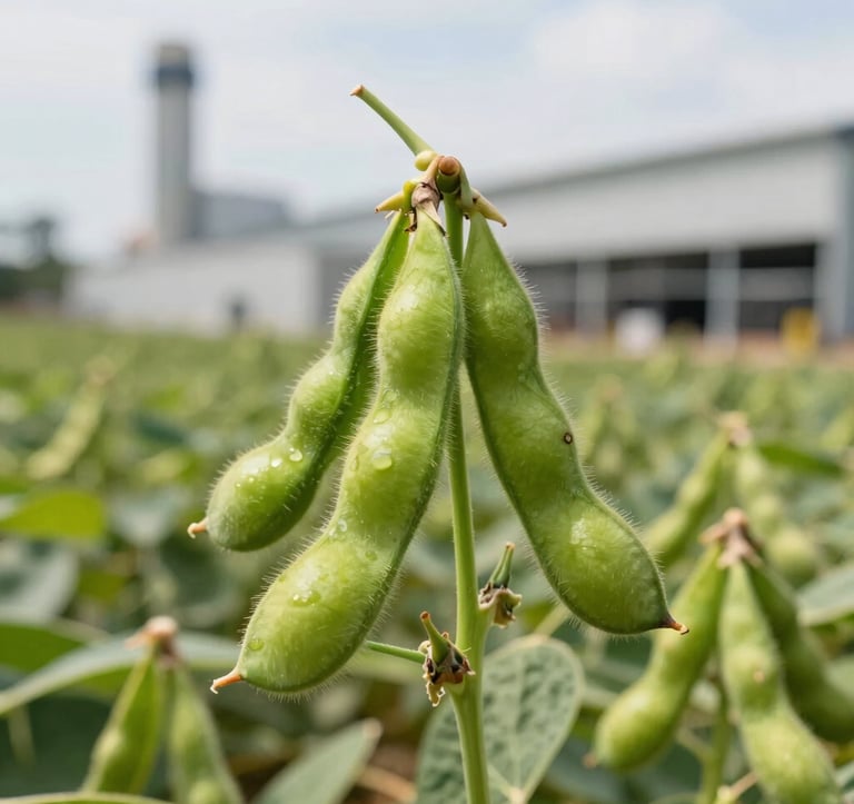 Close-up photography of healthy, vibrant green soybean pods on the plant, with a shallow depth of field. The background shows a modern South American / Brazilian industrial farm facility under a bright sky. Professional and crisp lighting.