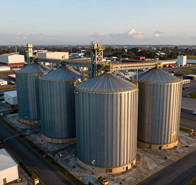 Modern grain silos and logistics infrastructure at a Brazilian port, shot from a high angle during the morning. The scene highlights global export and commodity scale, with deep green and gold accents in the environment.
