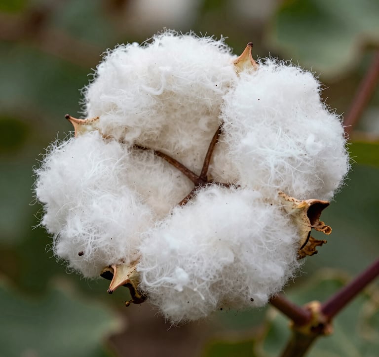 Macro photography of a ripe cotton boll, showing the pure white fibers in sharp detail against a dark green natural background. Soft morning light, professional agricultural photography captured in a South American / Brazilian field.