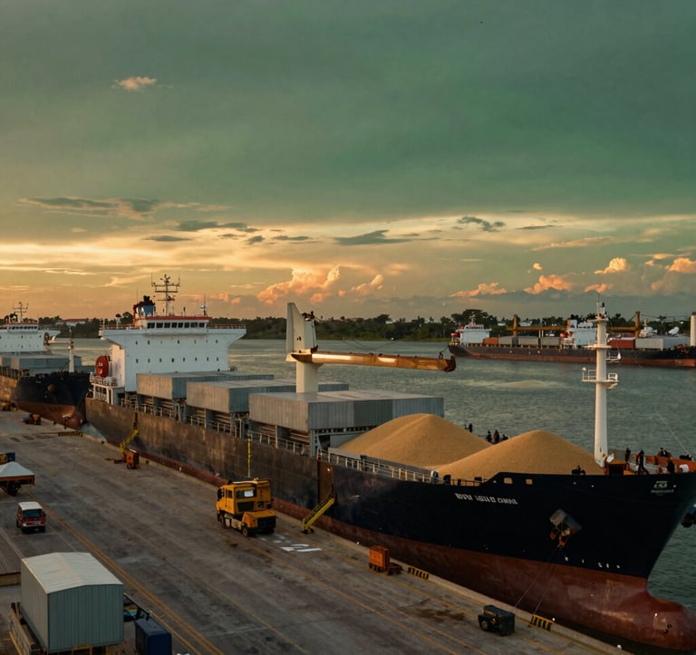 A wide-angle shot of a modern Brazilian port facility at sunset, where large cargo ships are being loaded with grain for export. The lighting is dramatic with deep green and orange hues, conveying global scale and economic strength.
