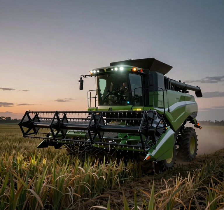 Modern agricultural harvester moving through a vast field at dusk, headlights on, representing high-performance agribusiness and efficiency, cinematic lighting, South American setting, dark green and black palette.