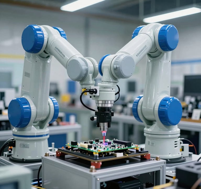 An industrial robotic arm precisely assembling a circuit board in a high-tech North American / US manufacturing plant. The lighting is bright and professional, with a color palette of clean light grey and bright blue accents.