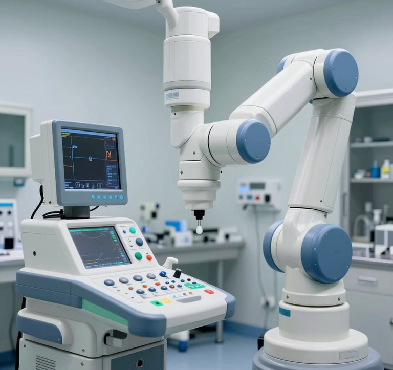 A high-detail photograph of a medical robotic console in a sterile, ultra-modern US hospital laboratory. The lighting is crisp and professional, using off-white and blue tones. The focus is on the precision instruments and ergonomic controls, showcasing medical technological leadership.
