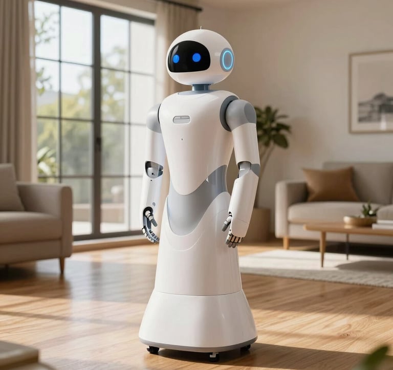 Professional photography of a sleek, white domestic assistant robot standing in a bright, modern North American living room with large windows and hardwood floors. The lighting is warm and natural, emphasizing the robot's elegant and non-intimidating design.