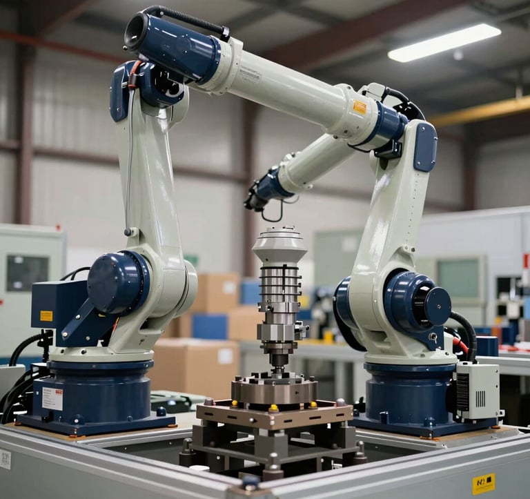 A heavy-duty industrial robot in a commercial warehouse, performing precise sorting tasks. The lighting is bright and professional. The scene reflects a North American / US logistics center with Navy Blue and Light Gray equipment.