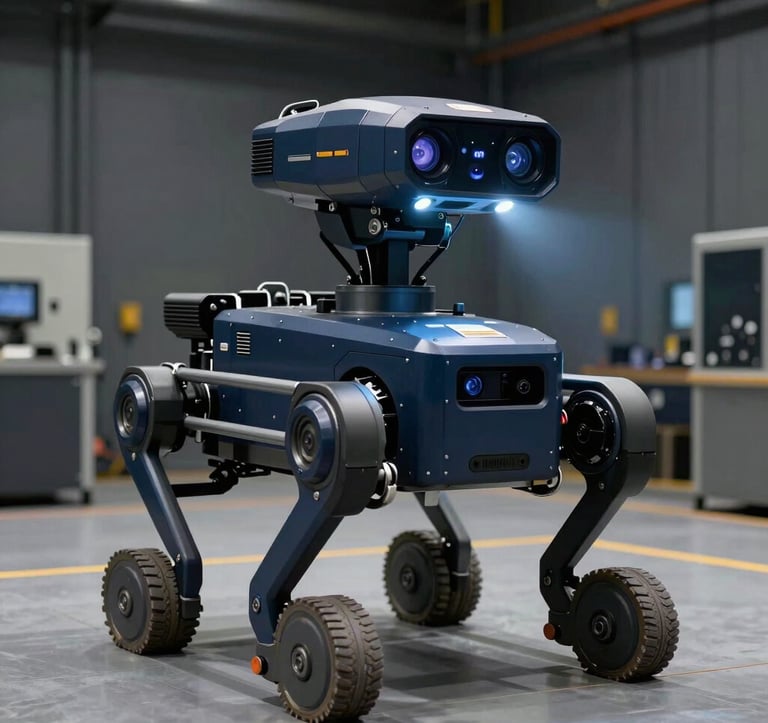 A rugged, high-tech autonomous exploration robot being tested in a North American / US government facility. The scene features authoritative navy blue and dark grey tones with dramatic focused spotlighting on the sensors.
