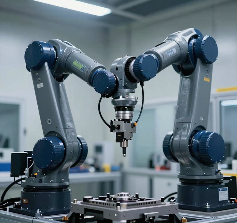 A close-up photograph of a sophisticated industrial robotic arm performing high-precision assembly in a clean, modern North American manufacturing facility. The machine is finished in professional dark grey and blue, with soft highlights from overhead LED lighting. The composition is focused on the articulation joints, conveying power and reliability.