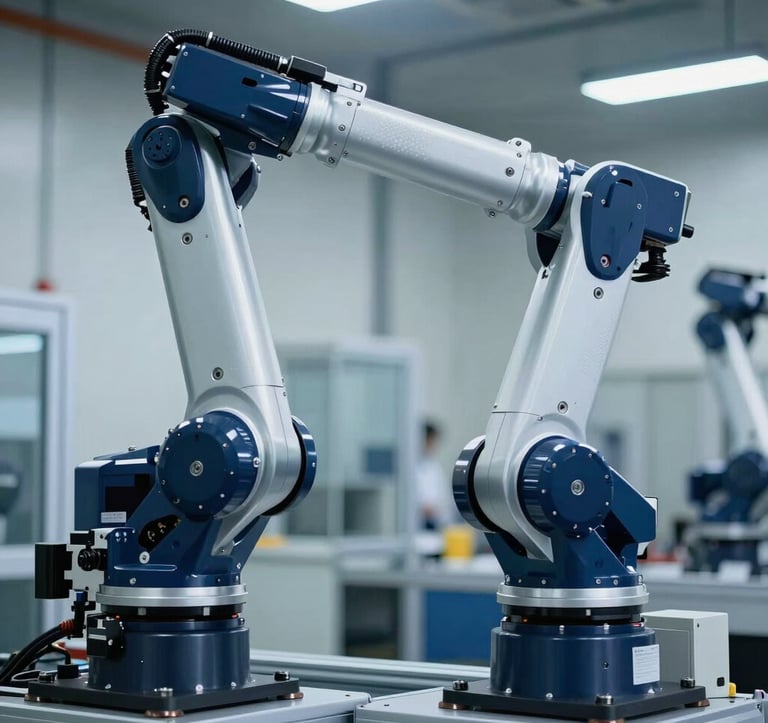 Close-up of high-performance industrial robotic arms in a state-of-the-art North American manufacturing plant. The lighting is crisp and cool, with navy blue and silver tones highlighting the precision joints and heavy-duty construction of the machinery.