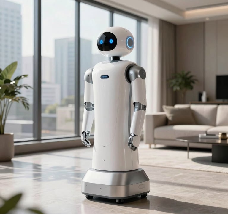 A sleek, minimalist domestic assistant robot standing in a modern, luxury living room in a North American / US city. Bright natural light streams through tall windows, highlighting the clean white and silver metallic finish of the robot.