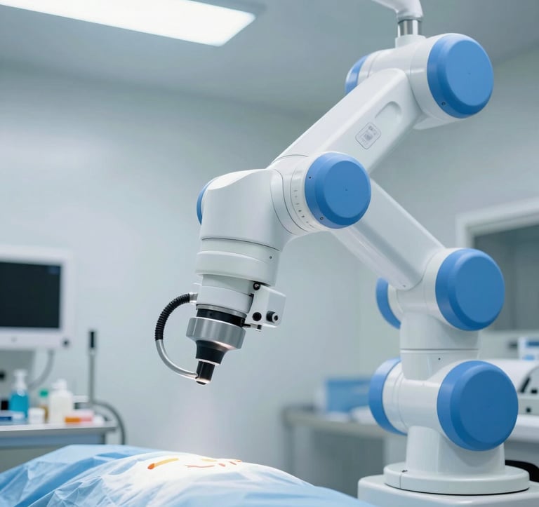 A close-up photograph of a medical robotic surgical arm in a sterile, bright North American hospital setting. The lighting is cool white with bright blue accents, emphasizing precision engineering and professional medical grade materials.