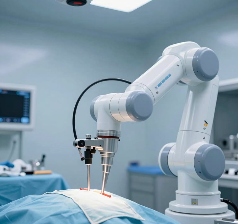 An advanced surgical robot in a pristine, blue-lit North American operating room. The image focuses on the precision of the robotic instruments with a clean, clinical aesthetic that conveys authority and life-saving reliability.