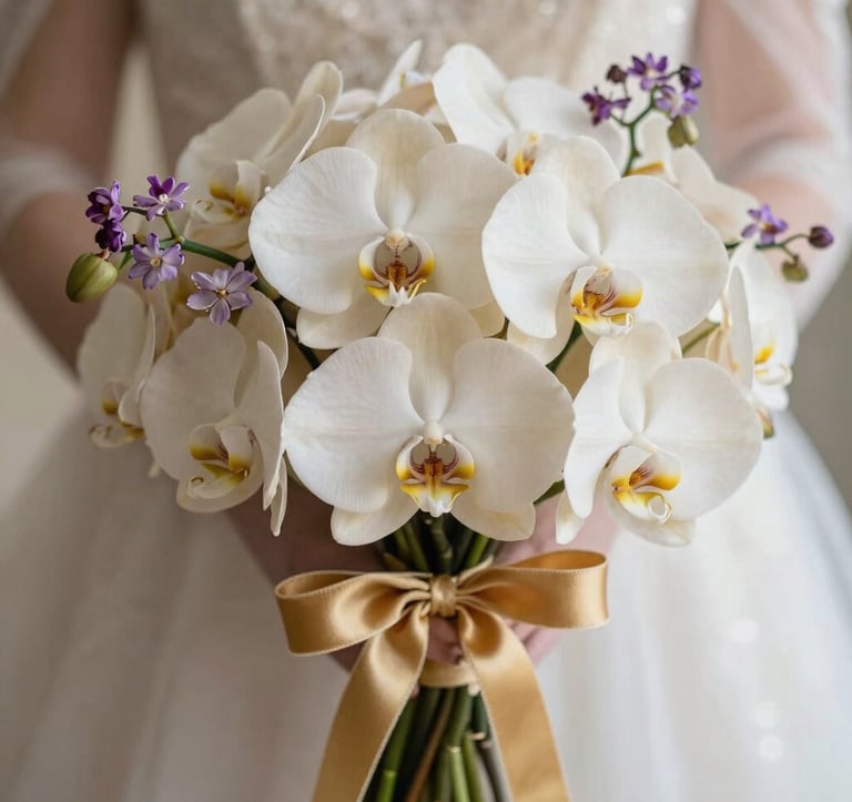 Extreme close-up of a bridal bouquet composed of rare ivory silk-textured orchids and delicate amethyst shadow blossoms, tied with an antique gold velvet ribbon. Soft, dreamy lighting with an ethereal bokeh background.