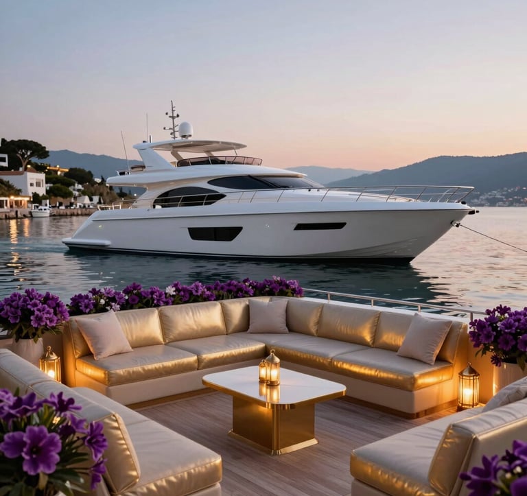 A sleek luxury yacht anchored in a calm Mediterranean bay at dusk. The deck is styled with Champagne Gold lounge furniture and Royal Amethyst floral displays, with glowing lanterns creating a warm, ethereal reflection on the water.