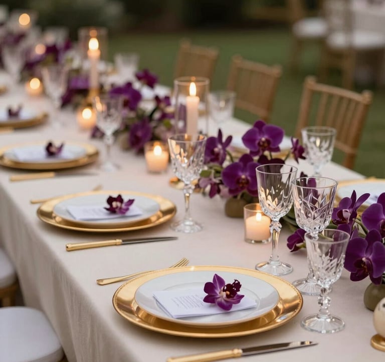 A luxury outdoor wedding table set for a gala dinner. Gold-rimmed plates, crystal glassware, and deep purple orchids. Soft golden candlelight illuminates the scene against a soft cream tablecloth.
