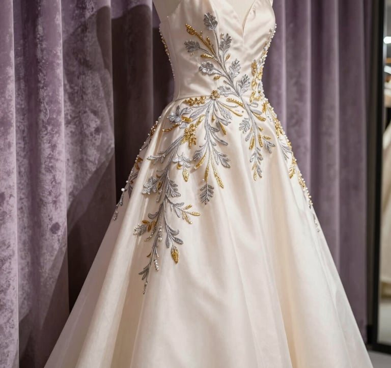A close-up of an exquisite bridal gown with silver and gold thread embroidery. The fabric is ethereal cream silk. The dress hangs against a backdrop of soft amethyst velvet curtains in a high-end boutique.