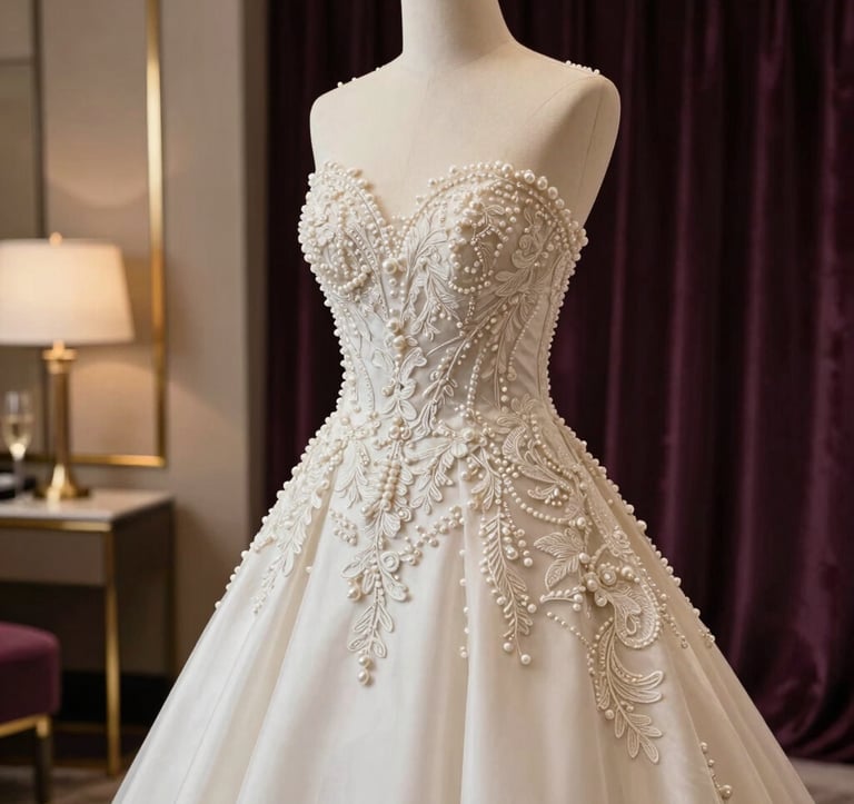 A close-up photograph of a bespoke designer wedding gown made of Pearl Silk lace and intricate embroidery. The gown is displayed on a mannequin in a dimly lit hotel suite with Champagne Gold accents and a Midnight Plum velvet backdrop.