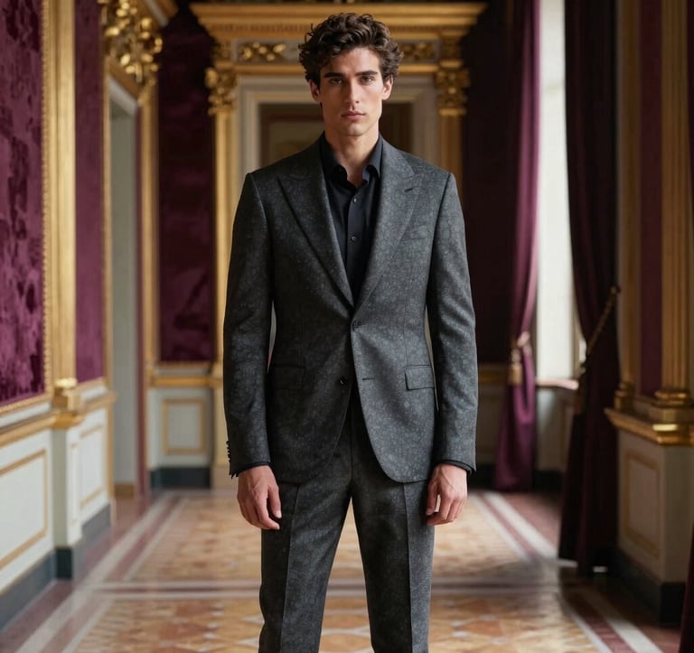 A high-fashion portrait of a creative male director in a charcoal tailored suit standing in a grand Italian villa hallway. The lighting is soft and moody, emphasizing the gilded sand architectural details and rich plum velvet textures in the background.