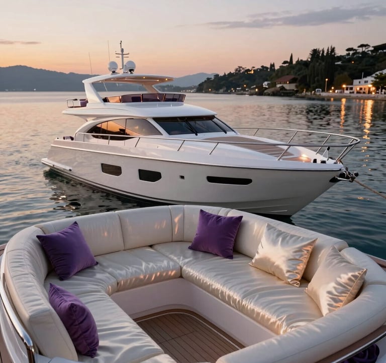 A sleek, white luxury yacht anchored in a calm bay at sunset. The deck is styled with plush ivory silk cushions and amethyst shadow accents. Soft copper lighting glows from the cabin, reflecting off the water. Opulent and refined romance.