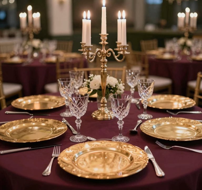 A fine dining setup for a luxury wedding gala. Deep midnight plum tablecloths adorned with antique gold charger plates, crystal glassware, and polished silver cutlery. Tall candelabras provide a soft, romantic evening glow.