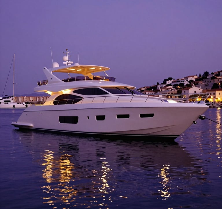 A sleek, white luxury yacht moored in a Mediterranean harbor at twilight. The yacht is lit with warm royal amethyst and golden LED lights. Reflections dance on the deep purple water.