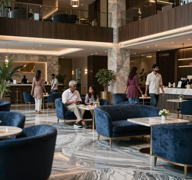 Interior shot of a high-end luxury residential lobby in Bangalore. The space features dark slate blue furniture and silver grey marble floors. South Asian / Indian families are seen in the distance, enjoying the sophisticated and modern atmosphere.