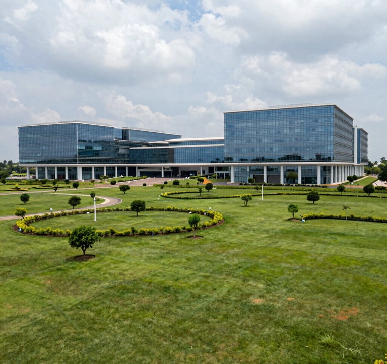 A wide shot of an expansive, green technology park in Bangalore. The buildings are futuristic with glass facades and Pearl White steel columns. The setting reflects a high-tech South Asian / Indian innovation hub with sustainable landscaping.
