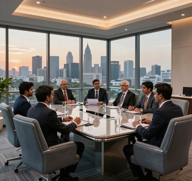 A sophisticated boardroom overlooking the Bangalore skyline at sunset. The interior features elegant Muted Silver furniture and Slate Blue Grey upholstery. Professionals in a South Asian / Indian corporate meeting are gathered around a polished table.