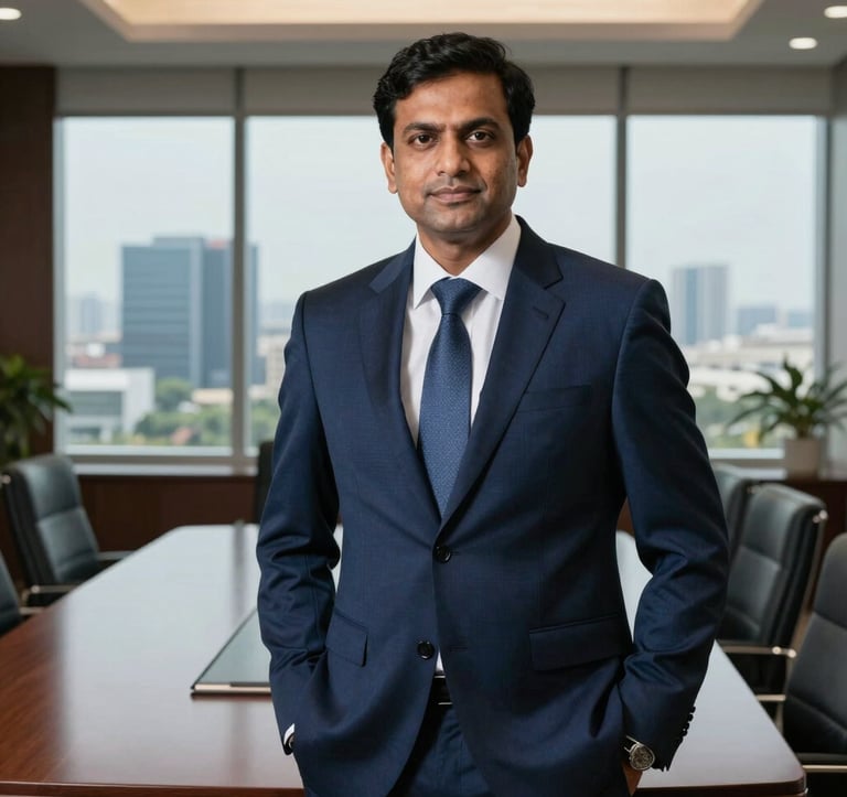 A professional portrait of a male leader in a crisp suit, standing in a sophisticated South Asian / Indian boardroom with a view of Bangalore's tech parks. The lighting is soft and professional with a palette of Dark Navy Blue and Steel Blue.