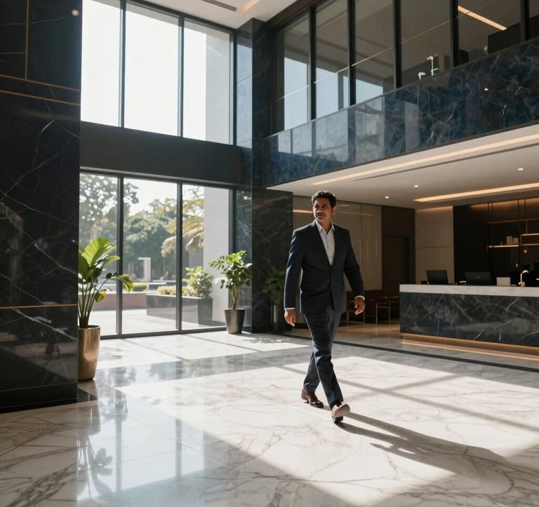 A luxurious interior of a modern corporate lobby in Bangalore. The space features Pearl White marble floors and Dark Charcoal Blue accent walls. A professional in a South Asian / Indian business setting is seen walking through the sunlit atrium which has large floor-to-ceiling windows.