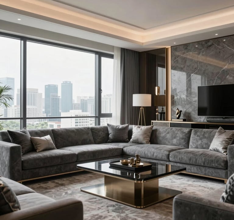A luxurious living room in a modern South Asian / Indian premium residence, elegant decor with dark slate grey and silver grey accents, large windows overlooking a city skyline, bright natural lighting, sophisticated ambiance.