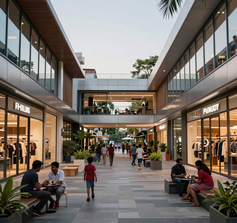 A vibrant, upscale open-air retail plaza in Bangalore during the afternoon. The architecture is modern with glass storefronts and Muted Silver metallic finishes. South Asian / Indian families are seen enjoying the manicured outdoor walkways and contemporary design.