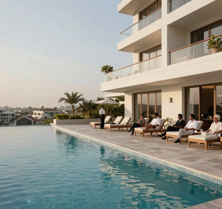 Professionals and residents enjoying a luxurious amenity deck with an infinity pool in a premium South Asian / Indian residential complex, modern architecture, soft off-white tones, clear sky, aspirational mood.