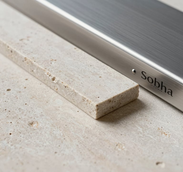 A detailed close-up of premium construction materials used in Sobha projects, such as soft off-white textured stone and polished silver grey steel. The focus is sharp, highlighting the meticulous craftsmanship typical of Bangalore's top developer.