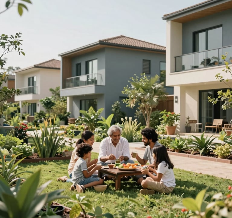 A family enjoying an elegant outdoor community garden in a modern South Asian / Indian residential complex, lush greenery, muted blue-grey and soft off-white structural accents, sunny day, joyful and secure atmosphere.