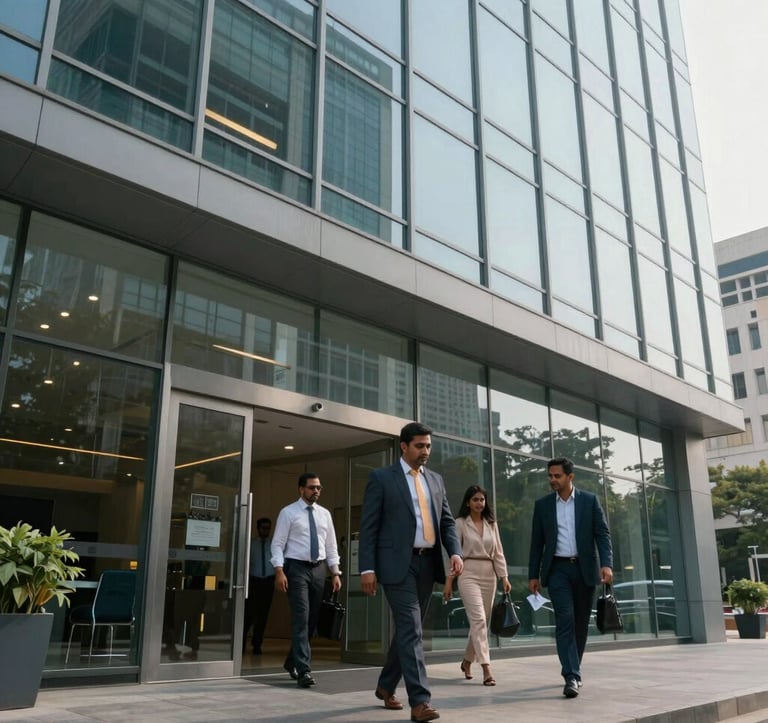 Daytime exterior shot of a modern glass-walled commercial building in Bangalore's business district. The glass has muted steel blue reflections. Professional South Asian / Indian individuals are entering the building, conveying a sense of corporate prestige.
