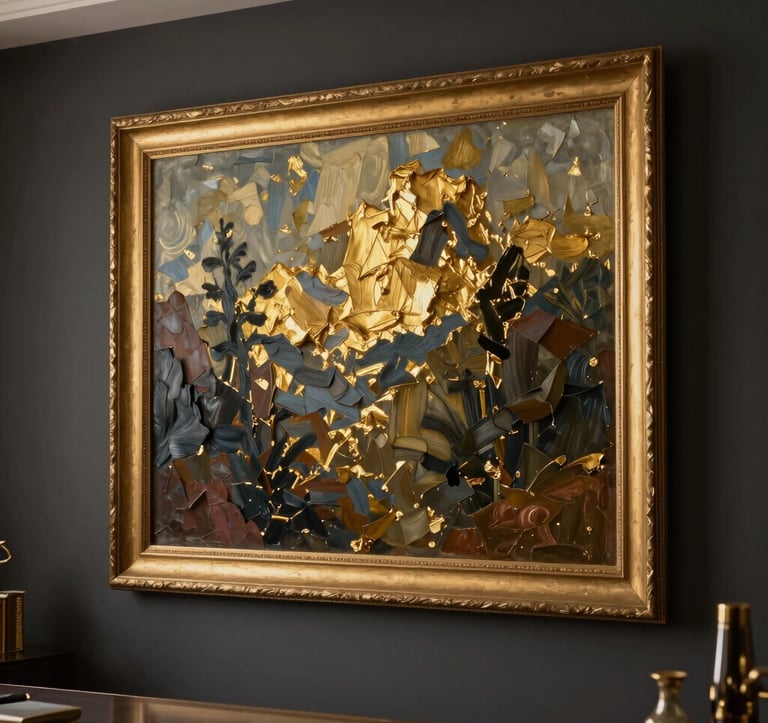 A close-up photograph of a stunning oil painting with rich textures and gold leaf details hanging on a dark, charcoal-colored wall in a luxury home office. The lighting is focused and warm, creating a prestigious atmosphere, North American / International style.