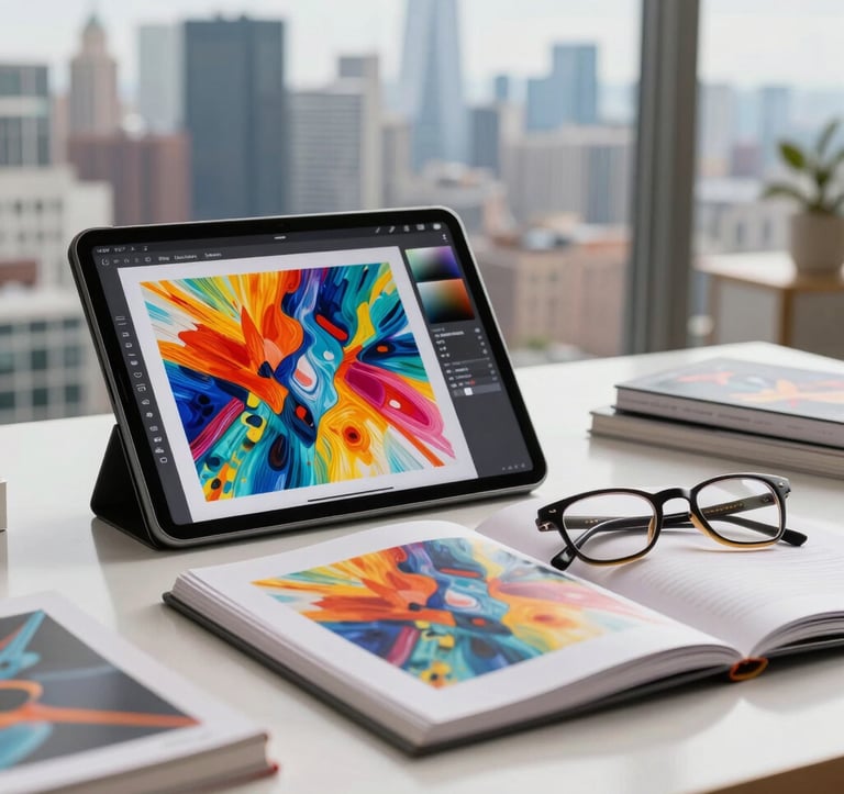 A sophisticated lifestyle photograph of an art critic's desk featuring a modern tablet displaying vibrant digital art, high-end art journals, and a pair of designer glasses. The setting is a bright, airy studio with a North American city skyline visible in the soft-focus background.