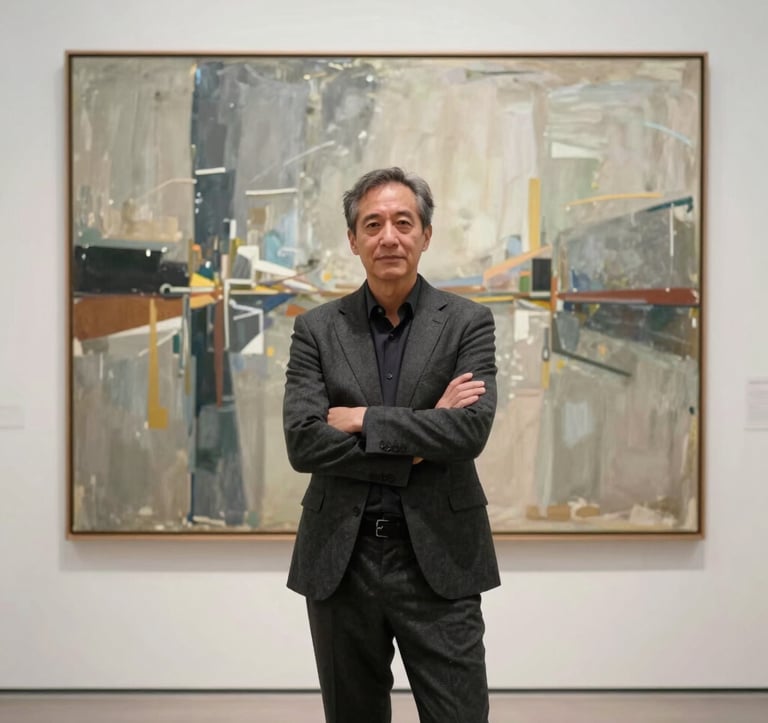 A professional portrait of a gallery director standing confidently in front of a large-scale abstract painting. They are dressed in sophisticated charcoal attire, with bright, clean museum lighting.