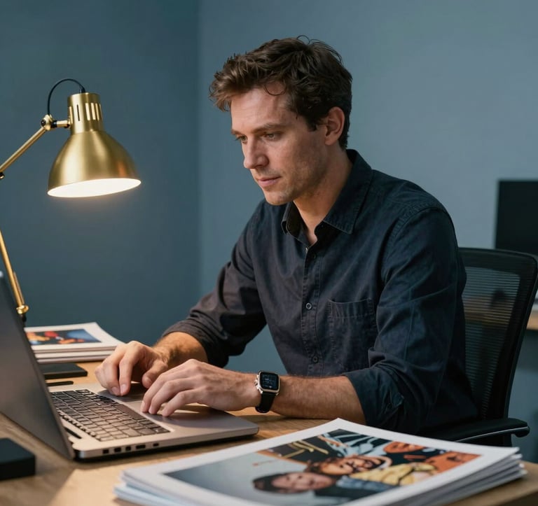 A sharp, medium shot of a professional editor in a high-end office, surrounded by art catalogs and a gold-colored desk lamp. The lighting is focused and intellectual, with a background of muted blue walls. North American / International professional style.