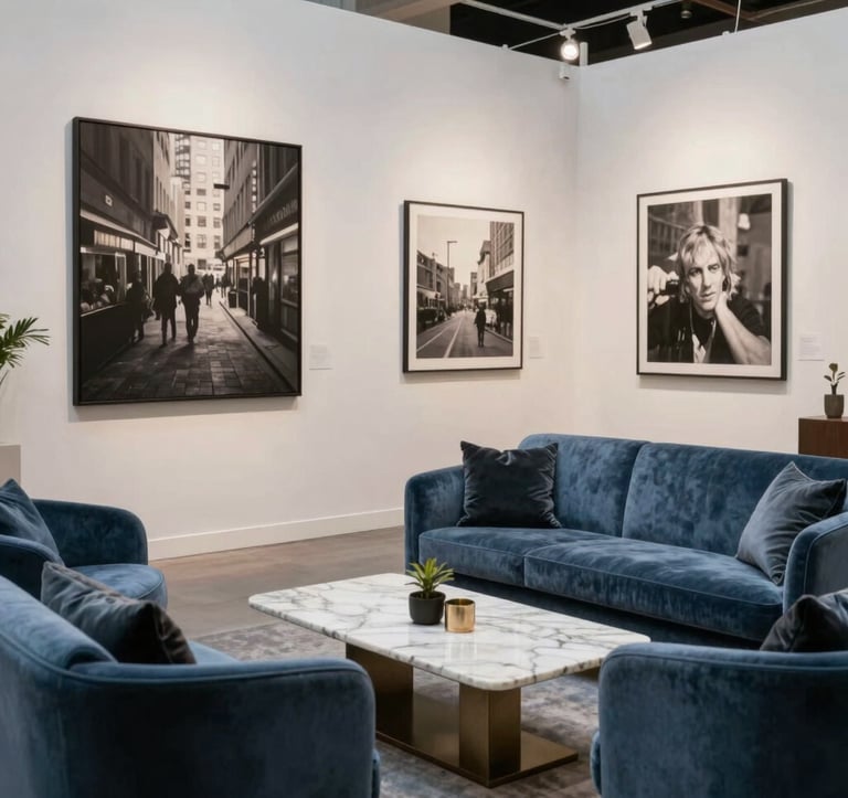 A medium shot of an elegant lounge area within an art fair in a North American city. Modern velvet furniture in muted blue, a low marble table, and large-scale photographic art on the walls. The scene represents refined elegance and intellectual curiosity.