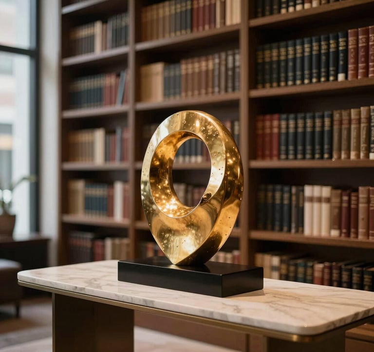A high-end interior photography shot of a private collector's home library in a North American city. An elegant sculpture in warm gold sits on a minimalist console. The lighting is soft and intellectual, highlighting the prestigious and refined atmosphere of a serious art collection.