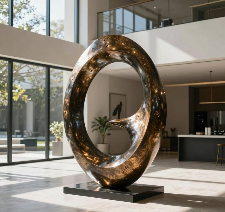 A sleek, contemporary bronze sculpture positioned in a sun-drenched atrium of a modern architectural home. The photography highlights the interplay of light and shadow on the metallic surface, conveying a sense of luxury and intellectual depth, North American setting.