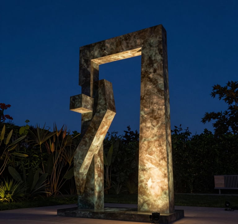 A high-contrast photograph of a sculpture in a garden setting at twilight. The sculpture is a modern bronze piece, illuminated by warm spotlight against a deep navy blue sky. Clean lines and a sophisticated atmosphere. North American / International location.