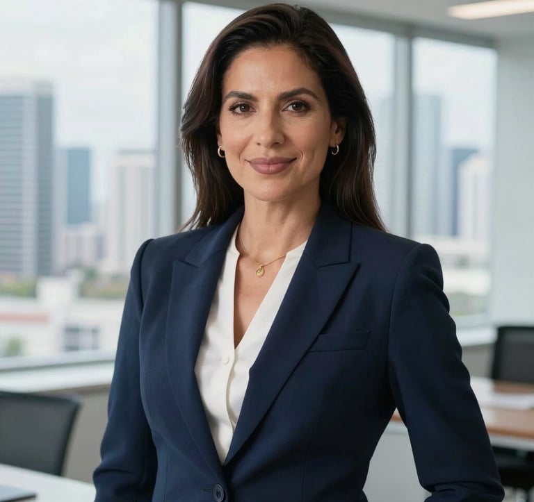 Professional portrait of a female real estate advisor, South American / Latino, wearing a sophisticated navy blazer, standing in a bright modern office with a blurred Miami skyline backdrop, confident and expert demeanor.