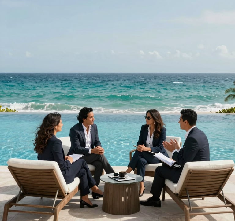 A stunning infinity pool overlooking the turquoise ocean in Sunny Isles Beach, with elegant lounge chairs and South American / Latino investors discussing business in sophisticated attire.
