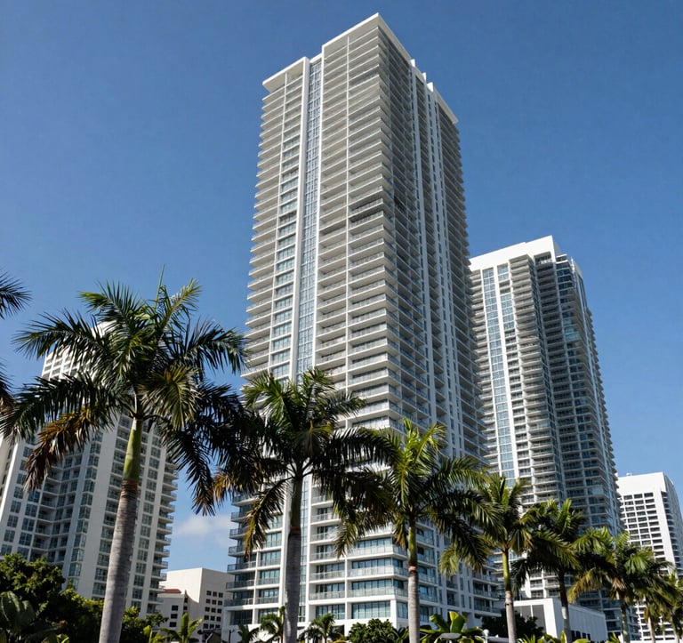 Daytime shot of sleek, contemporary high-rise architecture in Downtown Miami, clear blue sky, lush tropical palm trees in the foreground, sharp focus, professional real estate photography.