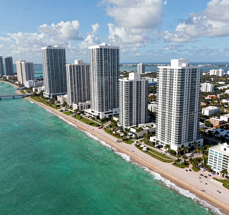 Aerial view of Sunny Isles Beach, luxury skyscrapers along the turquoise coast, South American / Latino vacation atmosphere, bright daylight, vibrant emerald water, professional real estate photography showing upscale living.