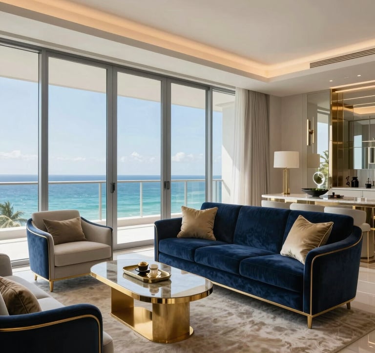 A bright, modern luxury apartment interior in Miami, floor-to-ceiling windows showing a view of the Atlantic Ocean, elegant furniture with navy blue and champagne gold accents, South American / Latino luxury aesthetic.